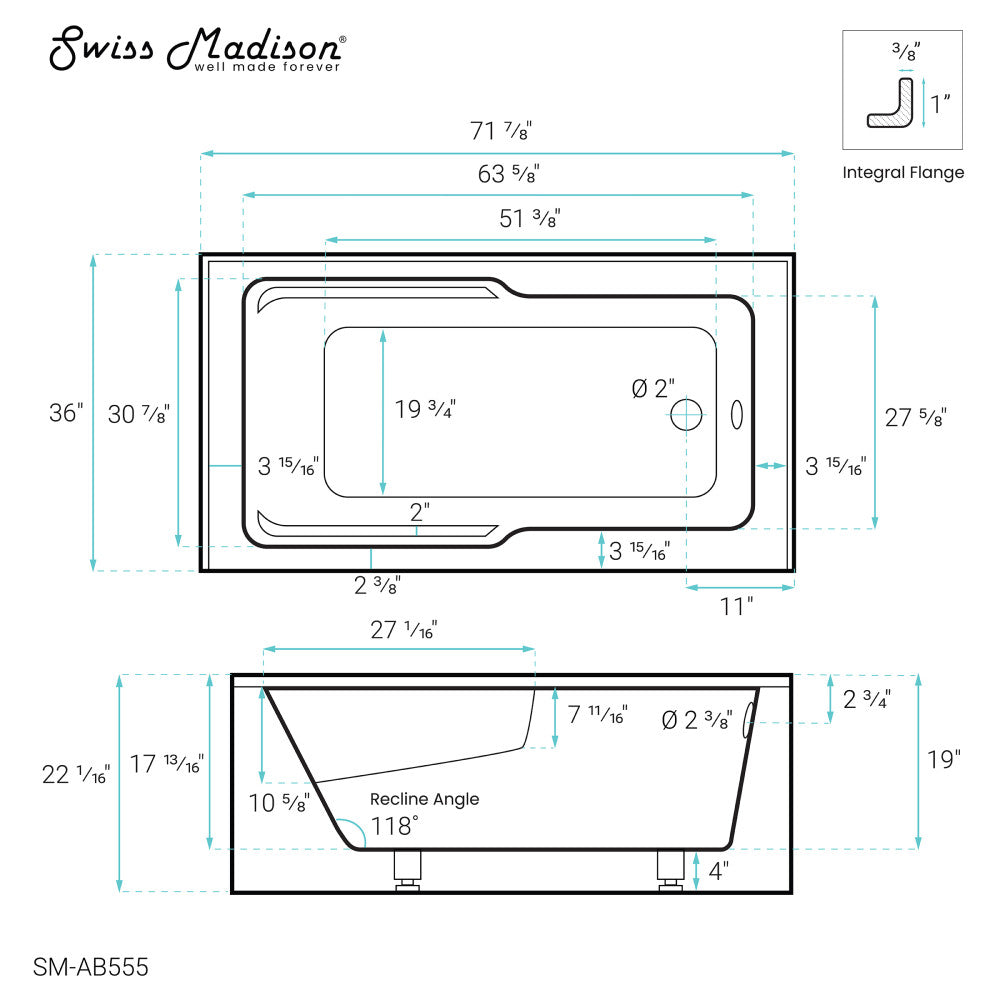 Swiss Madison Voltaire 72" x 36" Right-Hand Drain Alcove Bathtub with Apron and Armrest | SM-AB555