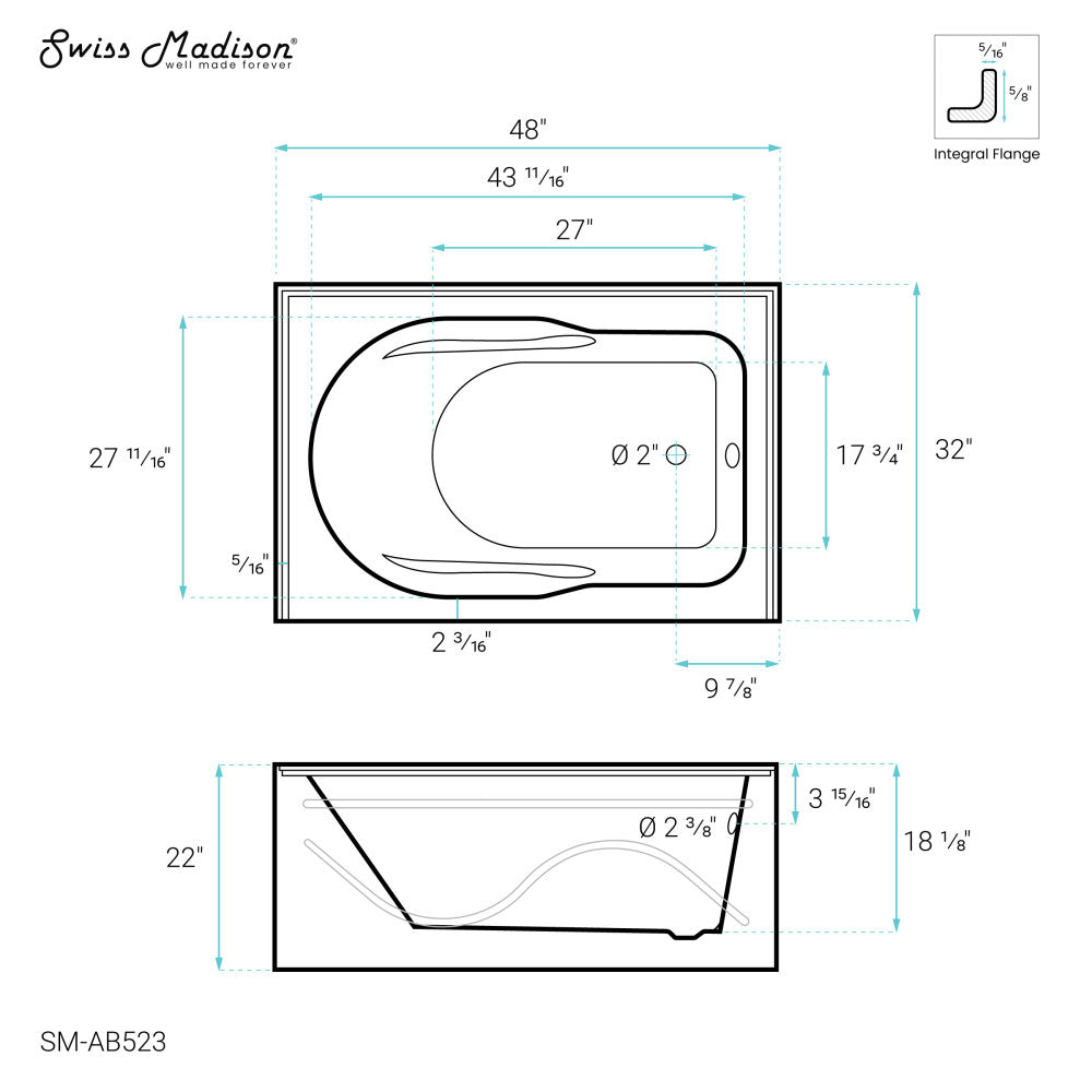 Swiss Madison Ivy 48'' x 32" Bathtub with Apron Right Hand Drain in White | SM-AB523