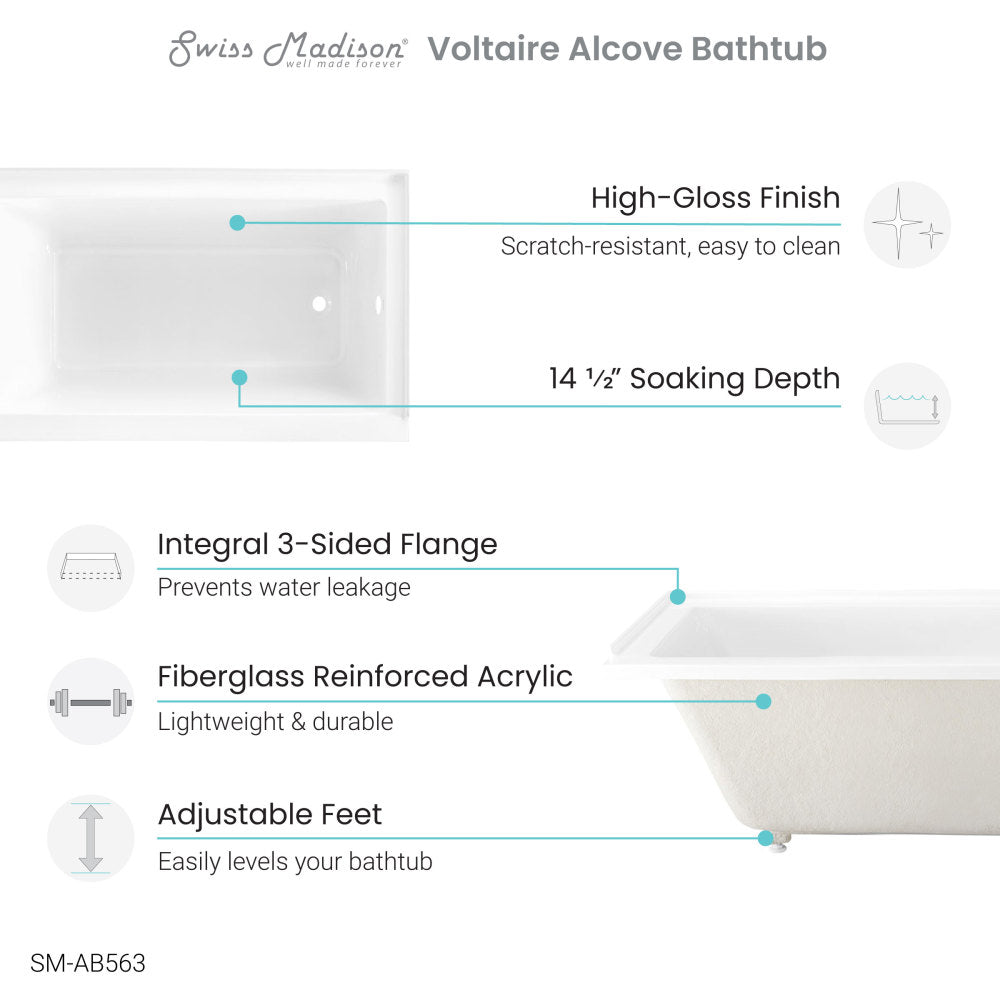 Swiss Madison Voltaire 54" x 30" Acrylic Glossy White, Alcove, Integral Right-Hand Drain, Bathtub | SM-AB563