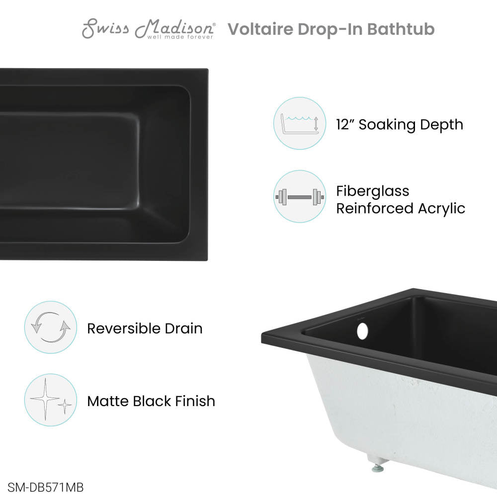 Swiss Madison Voltaire 48" x 32" Reversible Drain Drop-In Bathtub in Matte Black | SM-DB571MB