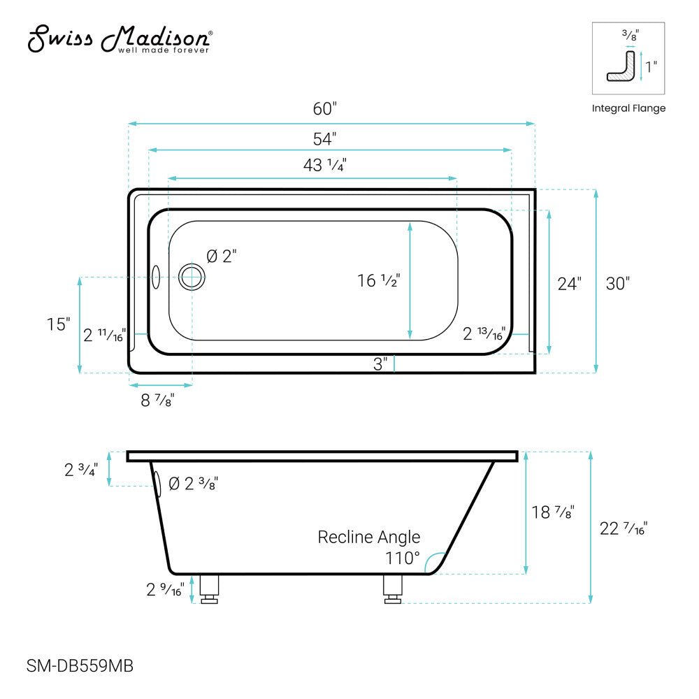 Swiss Madison Voltaire 60" x 30" Left-Hand Drain Alcove Bathtub in Matte Black | SM-DB559MB