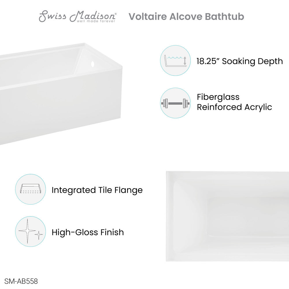 Swiss Madison Voltaire 54" x 30" Right-Hand Drain Alcove Bathtub with Apron | SM-AB558