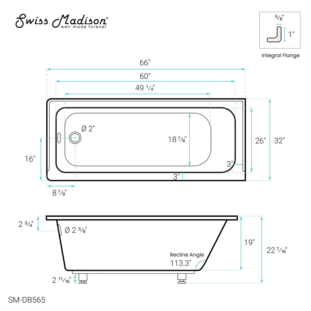 Swiss Madison Voltaire 66" x 32" Left-Hand Drain Alcove Bathtub | SM-DB565