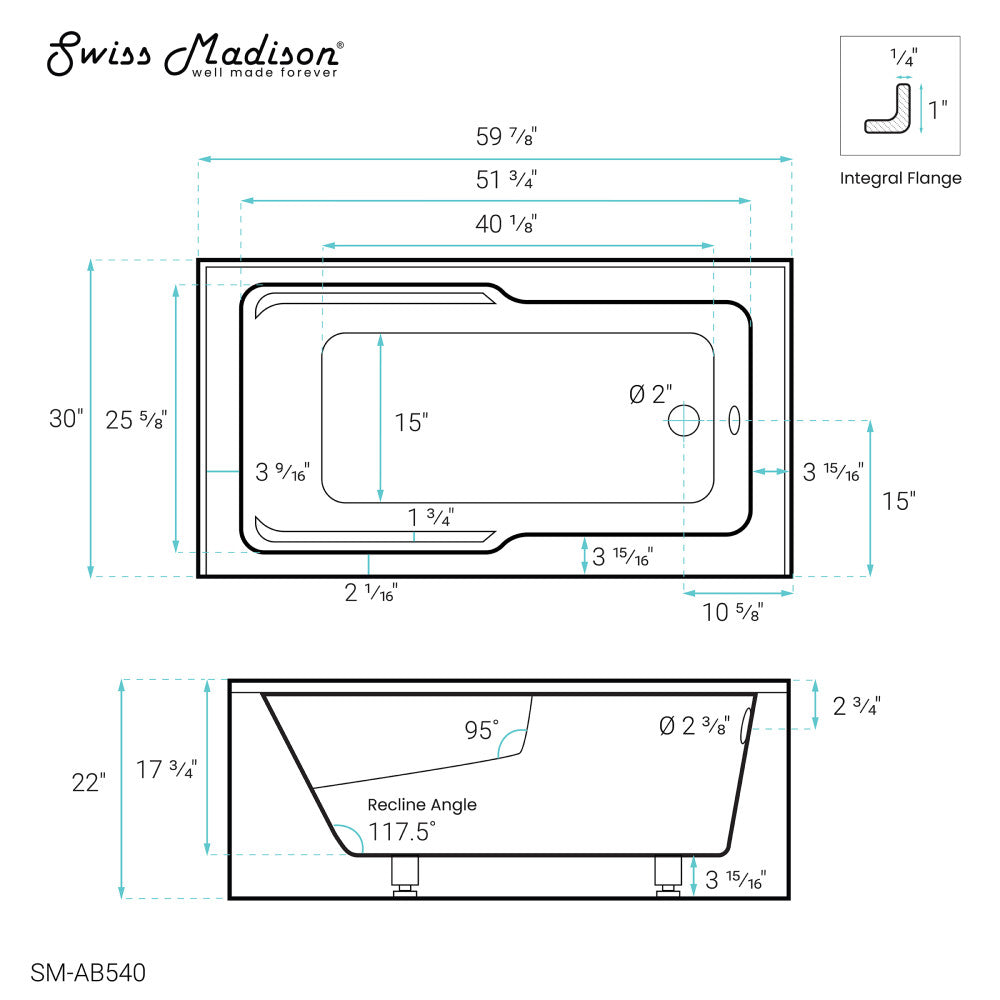 Swiss Madison Voltaire 60" x 30" Right-Hand Drain Alcove Bathtub with Apron and Armrest | SM-AB540