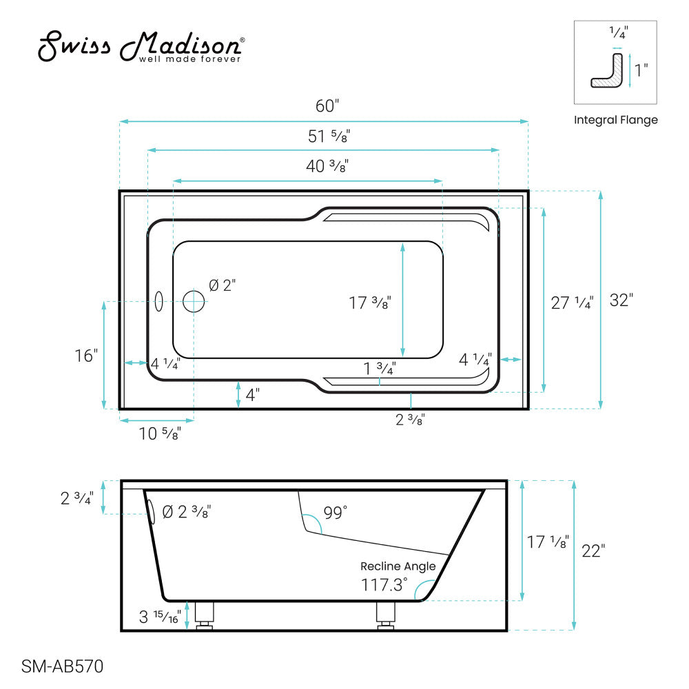 Swiss Madison Claire 60" x 32" Left-Hand Drain Drain Alcove Tub with Corner Apron | SM-AB570