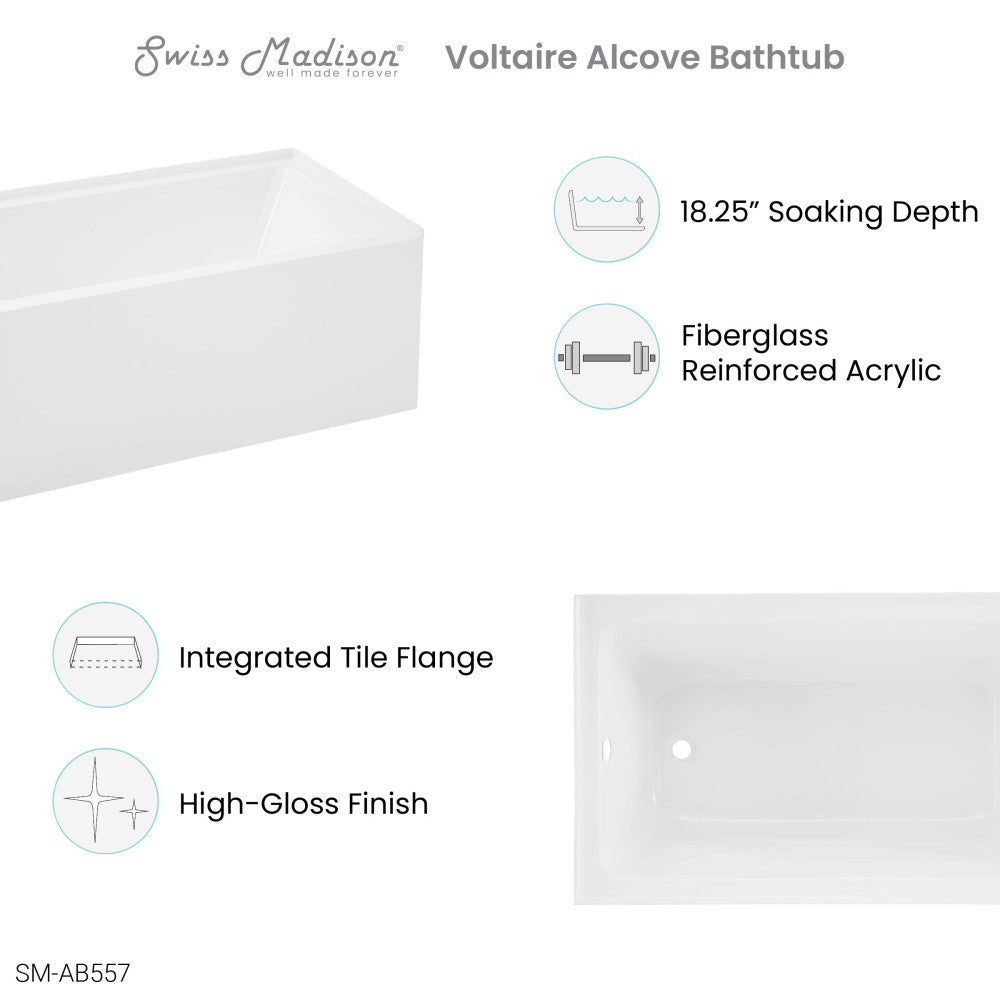 Swiss Madison Voltaire 54" x 30" Left-Hand Drain Alcove Bathtub with Apron | SM-AB557