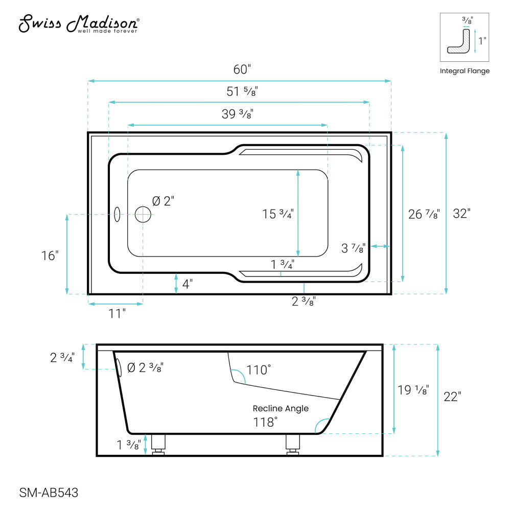 Swiss Madison Voltaire 60" x 32" Left-Hand Drain Alcove Bathtub with Apron and Armrest | SM-AB543