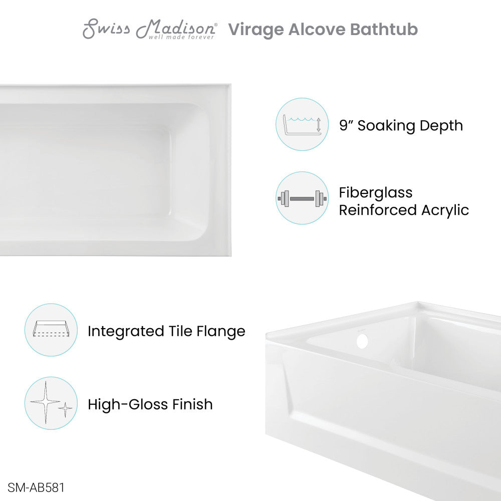 Swiss Madison Virage 60" x 30" Right-Hand Drain Alcove Bathtub with Apron | SM-AB581