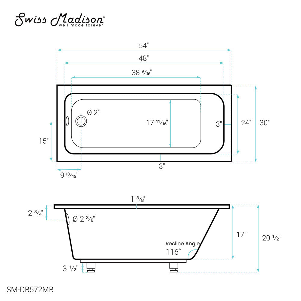 Swiss Madison Voltaire 54" x 30" Reversible Drain Drop-In Bathtub in Matte Black | SM-DB572MB