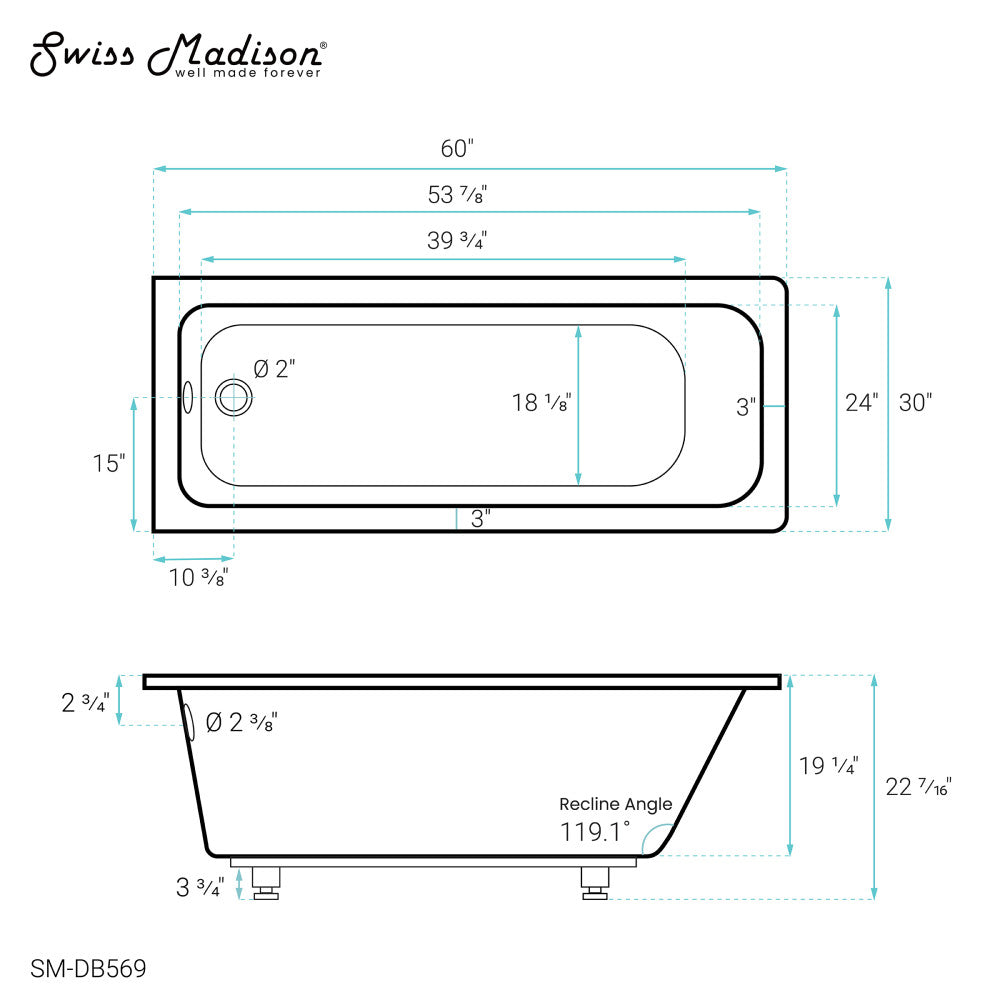 Swiss Madison Voltaire 60" x 30" Reversible Drain Drop-In Bathtub | SM-DB569