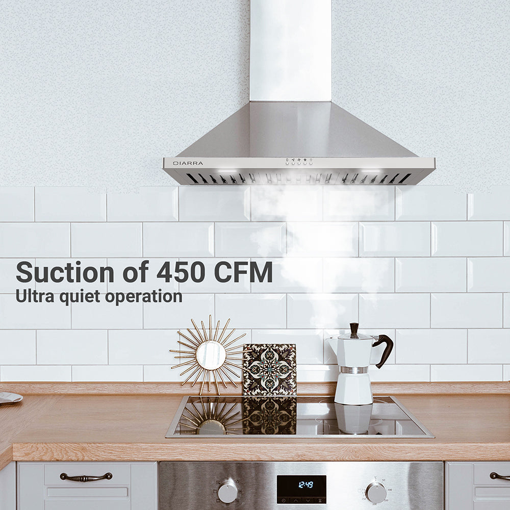 CIARRA 30" 450 CFM Wall Mount Convertible Range Hood in Stainless Steel with LED Lights