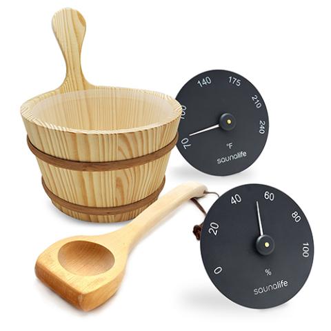 SaunaLife Wooden 1-Gallon Sauna Bucket, Wood Ladle, Thermometer, Hygrometer, Black - Sauna Accessory Package 3