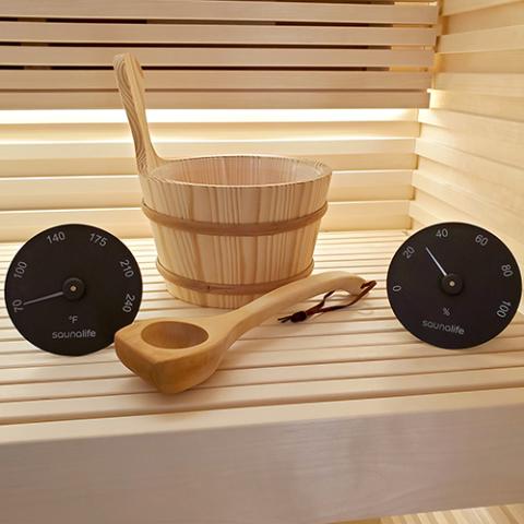 SaunaLife Wooden 1-Gallon Sauna Bucket, Wood Ladle, Thermometer, Hygrometer, Black - Sauna Accessory Package 3