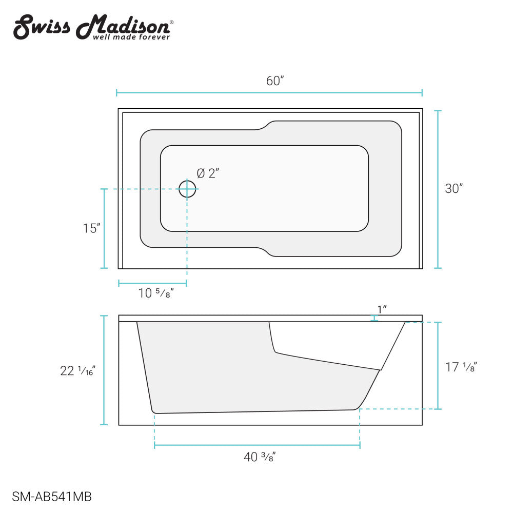 Swiss Madison Voltaire 60" x 30" Left-Hand Drain Alcove Bathtub with Apron in Matte Black | SM-AB541MB