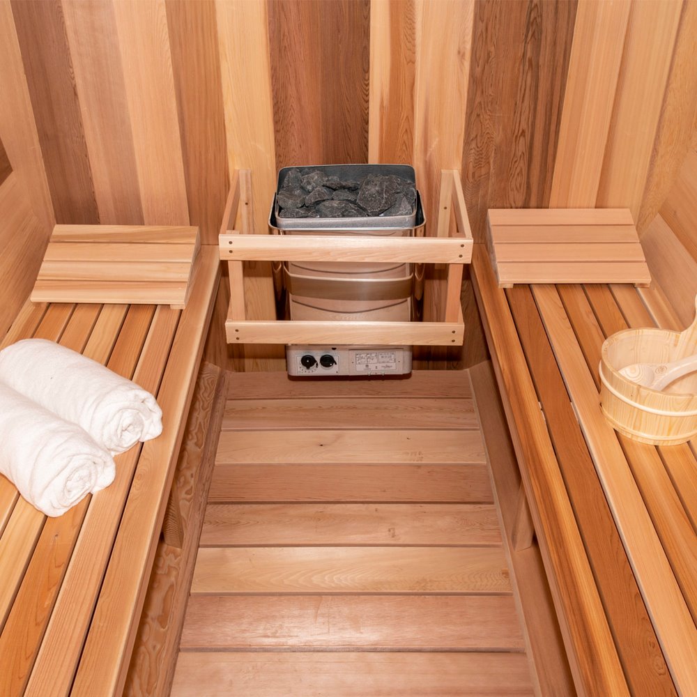 Canadian Timber Tranquility Barrel Sauna (6 Person) Saunas Dundalk LeisureCraft White Cedar Harvia KIP 6KW Electric Heater ($840.00) Yes (+$260.00)