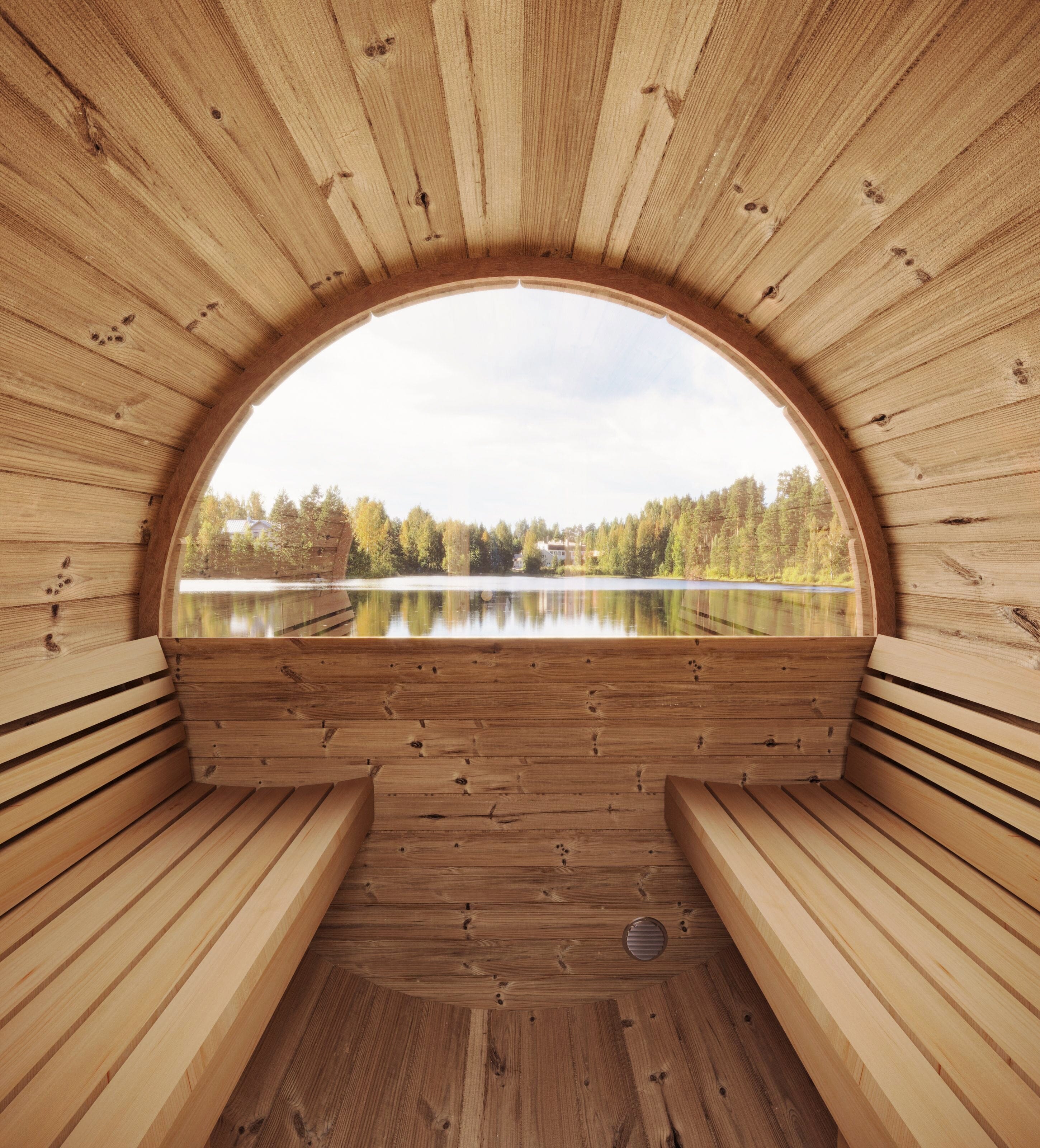 ERGO Nordic Panoramic Barrel Sauna (4 Person) Saunas SaunaLife 59"L x 81"W x 81"H (Nordic 6W) HUUM DROP 7.5kW (WiFi Enabled) 